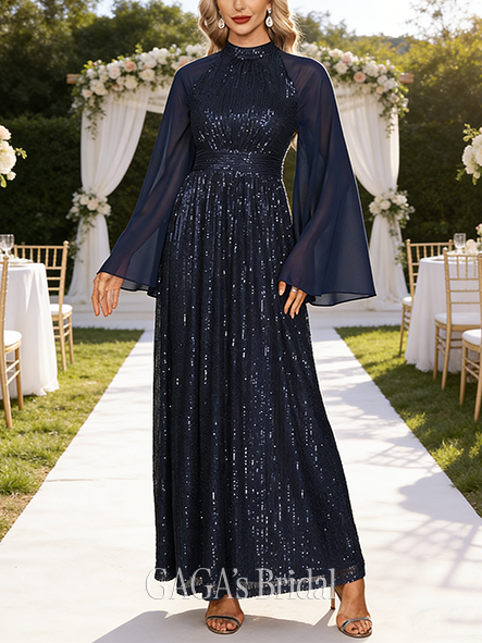 A-line Retro High Neck Floor-Length Chiffon Sequin Wedding Guest Evening Dress