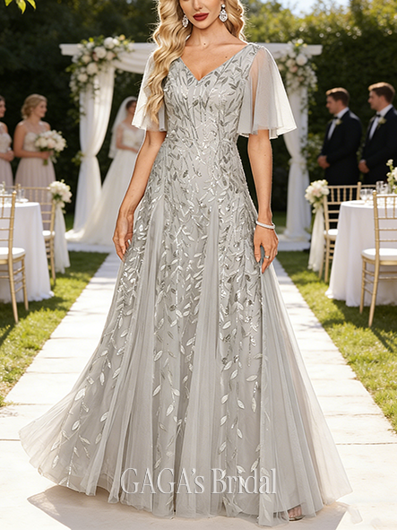 A-line Stunning V-Neck Floor-Length Tulle Sequin Lace Wedding Guest Evening Dress