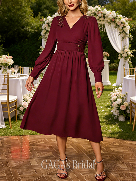 V-Neck Long Sleeve A-line Radiant Charmeuse Midi Wedding Guest Dress