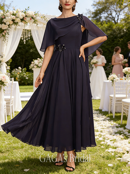 A-line Trendy Boat Neck Ankle-Length Chiffon Wedding Guest Mother of the Bride Dress With Beading Cape 3D Floral Pleated