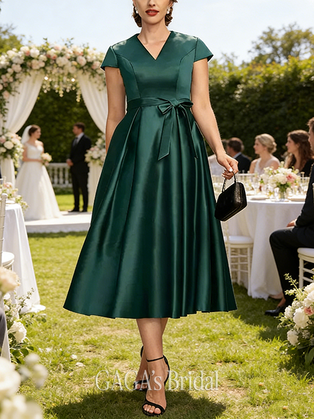 A-line Noble V-Neck Tea-Length Satin Wedding Guest Mother of the Bride Dress With Bow