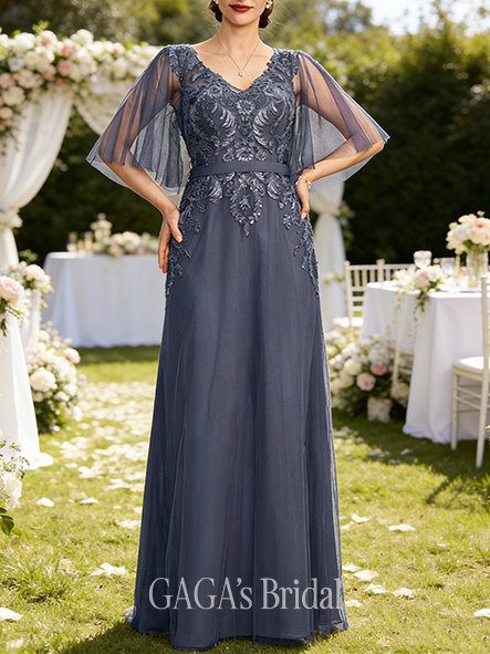 A-line Glistening V-Neck Floor-Length Lace Tulle Wedding Guest Mother of the Bride Dress With Sequins Beading