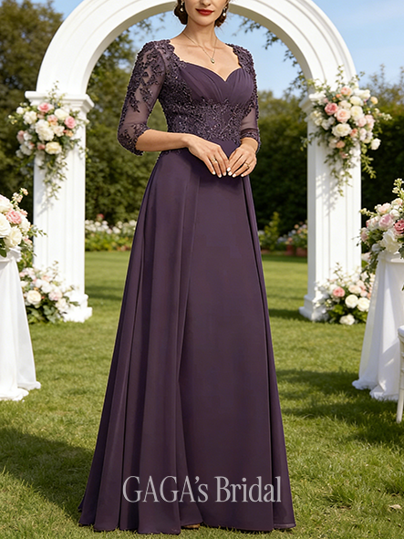 A-line Soft Sweetheart Floor-Length Lace Chiffon Wedding Guest Mother of the Bride Dress With Pleated Sequins