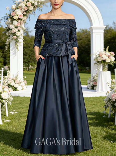 A-line Sleek Off the Shoulder Floor-Length Satin Lace Wedding Guest Mother of the Bride Dress With Bow Sequins