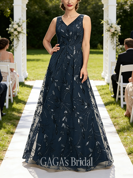 A-line Sparkling V-Neck Floor-Length Sequin Lace Wedding Guest Mother of the Bride Dress