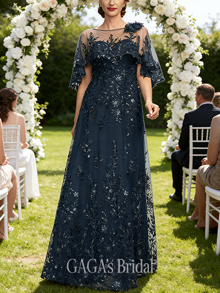 A-line Polished Illusion Boat Neck Floor-Length Sequin Lace Wedding Guest Mother of the Bride Dress With Cape 3D Floral