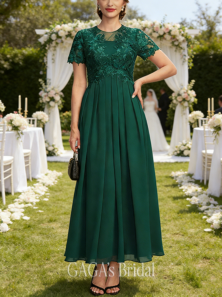 A-line Dreamy Scoop Ankle-Length Lace Chiffon Wedding Guest Mother of the Bride Dress With Pleated