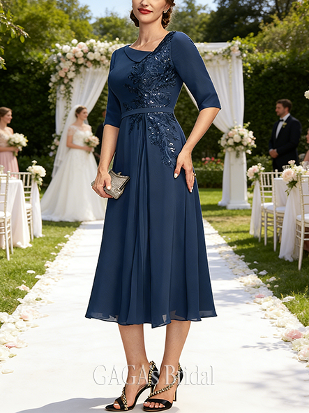 A-line Gentle Asymmetrical Collared Tea-Length Chiffon Wedding Guest Mother of the Bride Dress With Sequins Appliques Lace Pleated