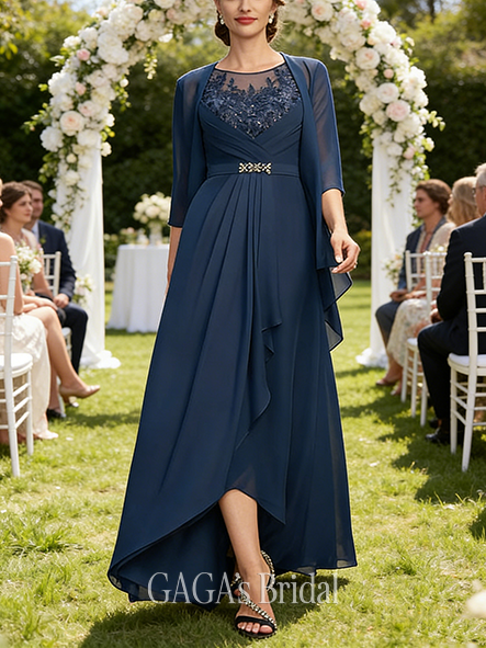 A-line Neat Scoop Illusion Asymmetrical Chiffon Lace Wedding Guest Mother of the Bride Dress With Sequins Beading Cascading Ruffles