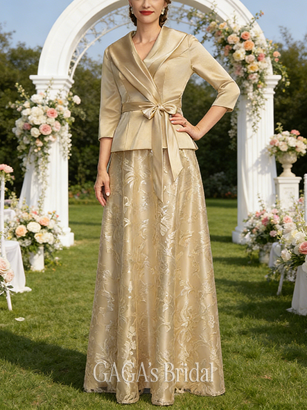 A-line Shimmering Separates V-Neck Collared Floor-Length Stretch Satin Lace Wedding Guest Mother of the Bride Dress With Bow Pleated