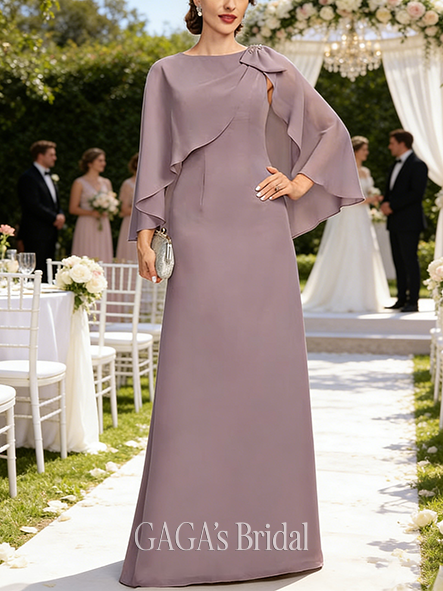A-line Petite Boat Neck Floor-Length Chiffon Wedding Guest Mother of the Bride Dress With Beading Cape Sequins Pleated Bow