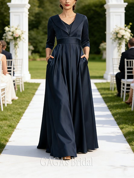 A-line Airy V-Neck Floor-Length Satin Wedding Guest Mother of the Bride Dress With Beading Sequins