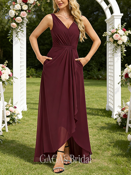 A-line Rich V-Neck Asymmetrical Chiffon Wedding Guest Bridesmaid Dress
