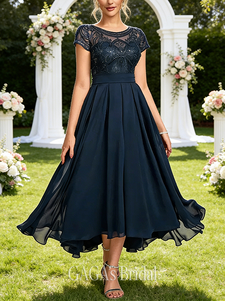 A-line Smooth Scoop Illusion Ankle-Length Asymmetrical Lace Chiffon Wedding Guest Cocktail Dress With Sequins