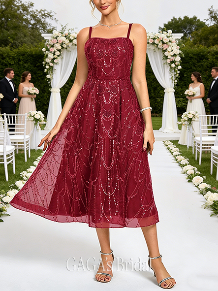 A-line Stunning Square Tea-Length Tulle Lace Wedding Guest Cocktail Dress With Sequins