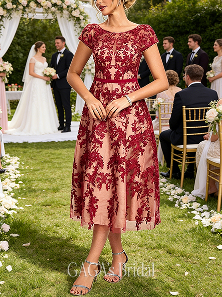 A-line Radiant Scoop Tea-Length Lace Tulle Chiffon Wedding Guest Cocktail Dress With Sequins