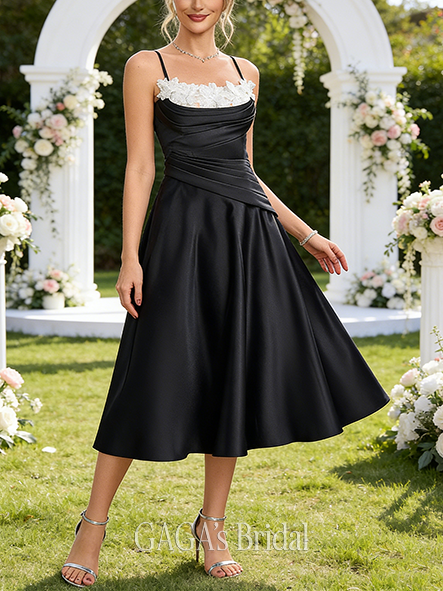 A-line Trendy Square Tea-Length Satin Wedding Guest Cocktail Dress With Pleated 3D Floral