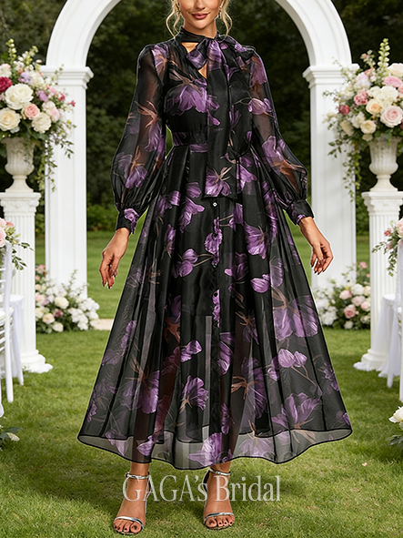 A-line Glistening V-Neck Ankle-Length Chiffon Jersey Wedding Guest Cocktail Dress With Floral Print
