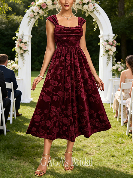 Jacquard Cowl Square Sleeveless A-line Intricate Velvet Midi Wedding Guest Dress