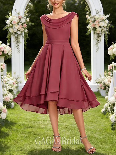 A-line Sleek Cowl Asymmetrical Knee-Length Chiffon Wedding Guest Cocktail Dress With Pleated