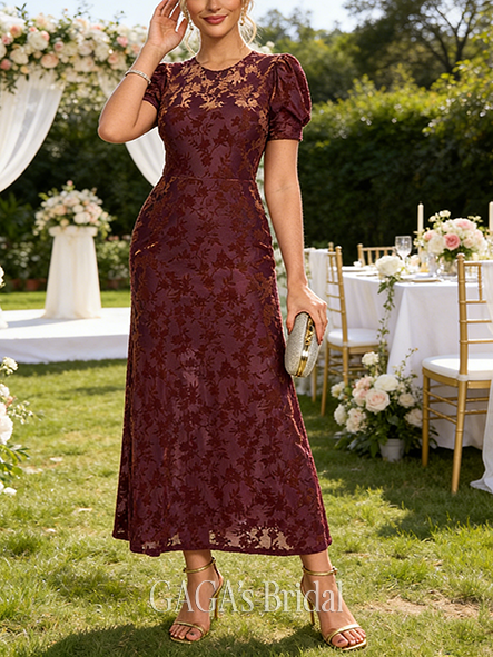 Jacquard Scoop Short Sleeve Flutter Sleeve A-line Polished Velvet Maxi Wedding Guest Dress