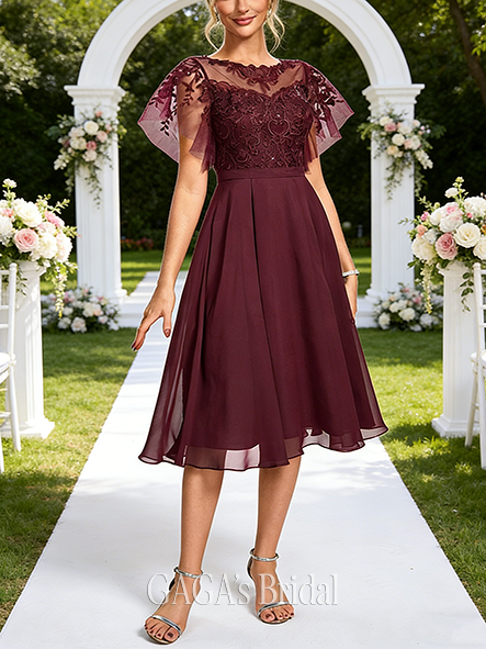 A-line Dreamy Illusion Knee-Length Chiffon Wedding Guest Cocktail Dress With Sequins