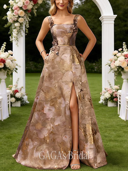 A-line Grand Square Floor-Length Jacquard Wedding Guest Evening Dress With 3D Floral