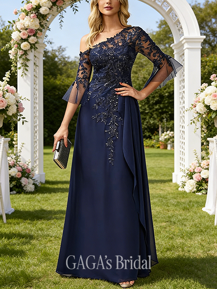 A-line Rich One Shoulder Floor-Length Lace Chiffon Wedding Guest Evening Dress With Sequins