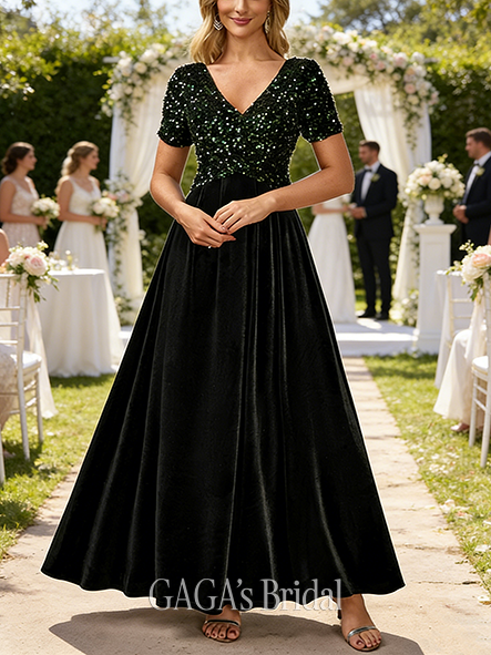 A-line Retro V-Neck Floor-Length Velvet Sequin Wedding Guest Evening Dress
