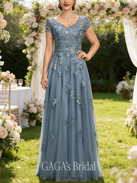 A-line Exquisite V-Neck Floor-Length Tulle Lace Mother of the Bride Dress With Sequins