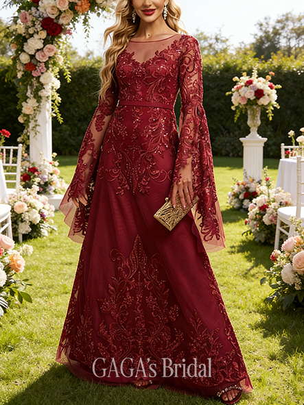 A-line Exquisite Scoop Illusion Floor-Length Tulle Lace Mother of the Bride Dress With Sequins