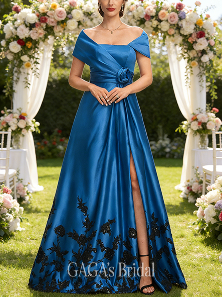 A-line Exquisite Off the Shoulder Floor-Length Satin Mother of the Bride Dress With Appliques Lace Cape 3D Floral Sequins Pleated