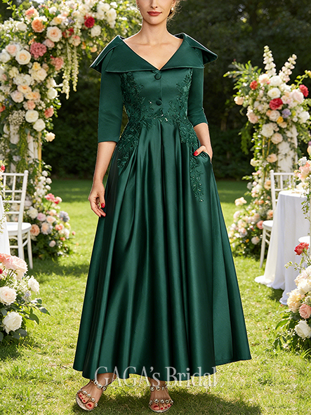 A-line Exquisite V-Neck Collared Ankle-Length Satin Mother of the Bride Dress With Appliques Lace