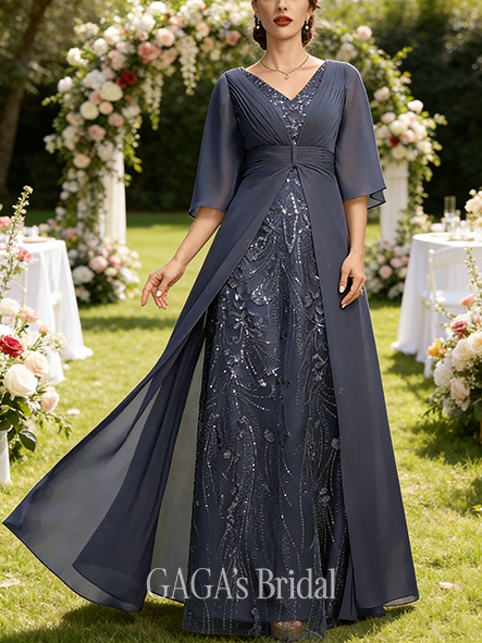 A-line Exquisite V-Neck Floor-Length Lace Chiffon Mother of the Bride Dress With Pleated