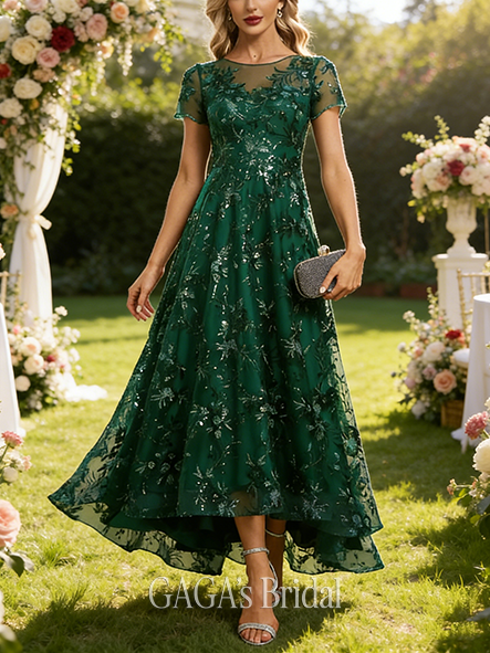 A-line Exquisite Scoop Illusion Asymmetrical Sequin Lace Mother of the Bride Dress