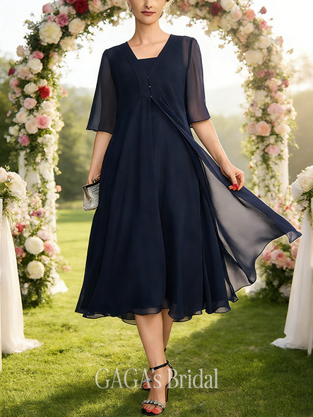 A-line Exquisite Square Tea-Length Chiffon Mother of the Bride Dress