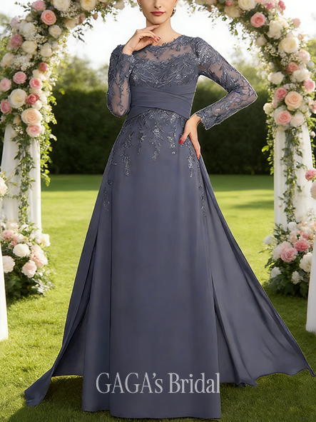 A-line Exquisite Illusion Scoop Floor-Length Detachable Lace Chiffon Mother of the Bride Dress With Overskirt Sequins Pleated