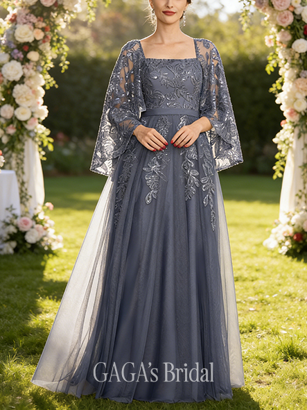 Black Tie Event A-line Sophisticated Luxury Square Floor-Length Tulle Sequin Lace Mother of the Bride Dress With Cape