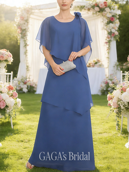 New Arrival A-line Refined Luxury Scoop Floor-Length Chiffon Mother of the Bride Dress With Cape 3D Floral