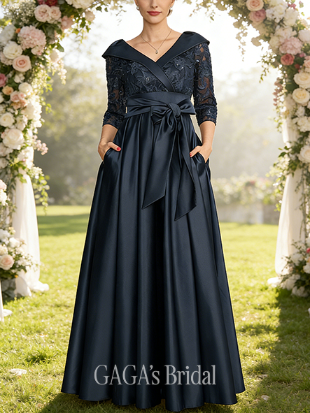 Fall A-line Sophisticated Collared V-Neck Floor-Length Satin Lace Mother of the Bride Dress With Sequins Bow