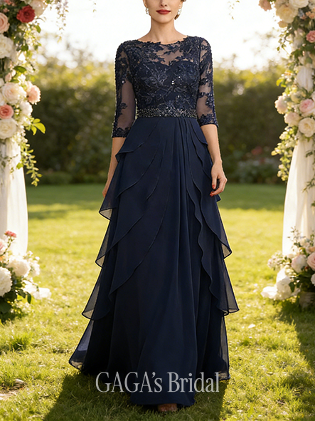 Fall A-line Sophisticated Scoop Illusion Floor-Length Chiffon Lace Mother of the Bride Dress With Sequins Beading