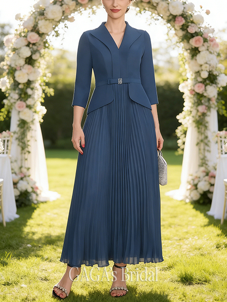 Black Tie Event A-line Sophisticated Luxury Collared V-Neck Ankle-Length Chiffon Mother of the Bride Dress With Beading Pleated