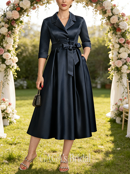 A-line Exquisite V-Neck Collared Tea-Length Satin Mother of the Bride Dress With Bow