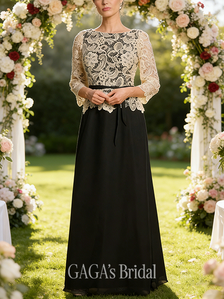 New Arrival A-line Exquisite Luxury Scoop Floor-Length Lace Chiffon Mother of the Bride Dress With Bow