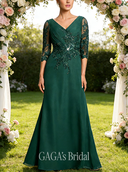 A-line Exquisite V-Neck Floor-Length Chiffon Lace Mother of the Bride Dress With Sequins Rhinestone