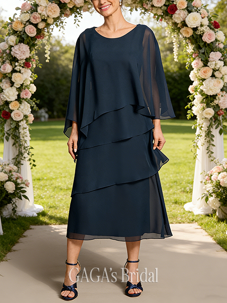 A-line Exquisite Scoop Tea-Length Chiffon Mother of the Bride Dress With Cape