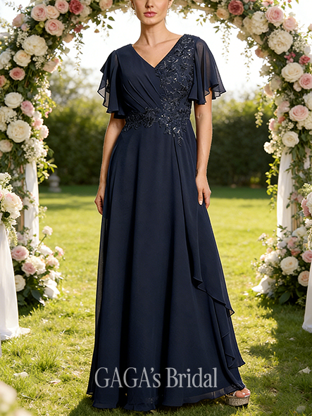 A-line Exquisite V-Neck Floor-Length Lace Chiffon Mother of the Bride Dress With Cascading Ruffles Sequins