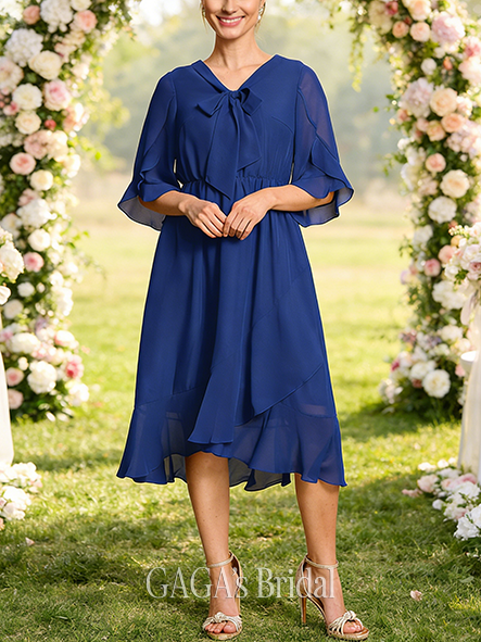 Wedding Guest A-line Refined V-Neck Asymmetrical Chiffon Mother of the Bride Dress With Bow Ruffle