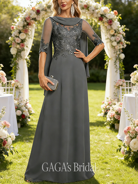 A-line Exquisite Scoop Floor-Length Lace Chiffon Mother of the Bride Dress With Sequins Pleated