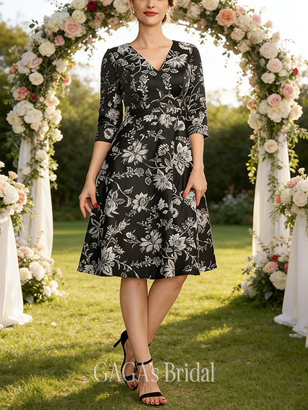 Fall A-line Sophisticated V-Neck Knee-Length Jacquard Floral Mother of the Bride Dress